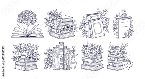 Elegant Floral Book Stacks Line Art Collection Beautiful Botanical Library Elements Vector Set
