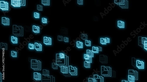 Floating Blue Document File Icons on Black and Green Screen – Digital Data Transfer and Cloud Storage Seamless Loop Animation