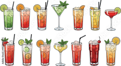 Hand drawn cocktail collection with tropical drinks, mojito, margarita, summer beverages, and fruit garnishes, vintage sketch vector set on white background.