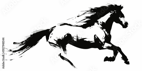 Dynamic black and white illustration of a horse in motion