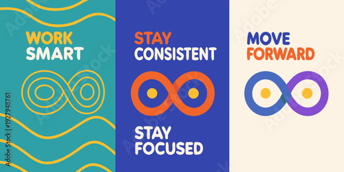 Motivational graphic with text emphasizing work consistency and progress