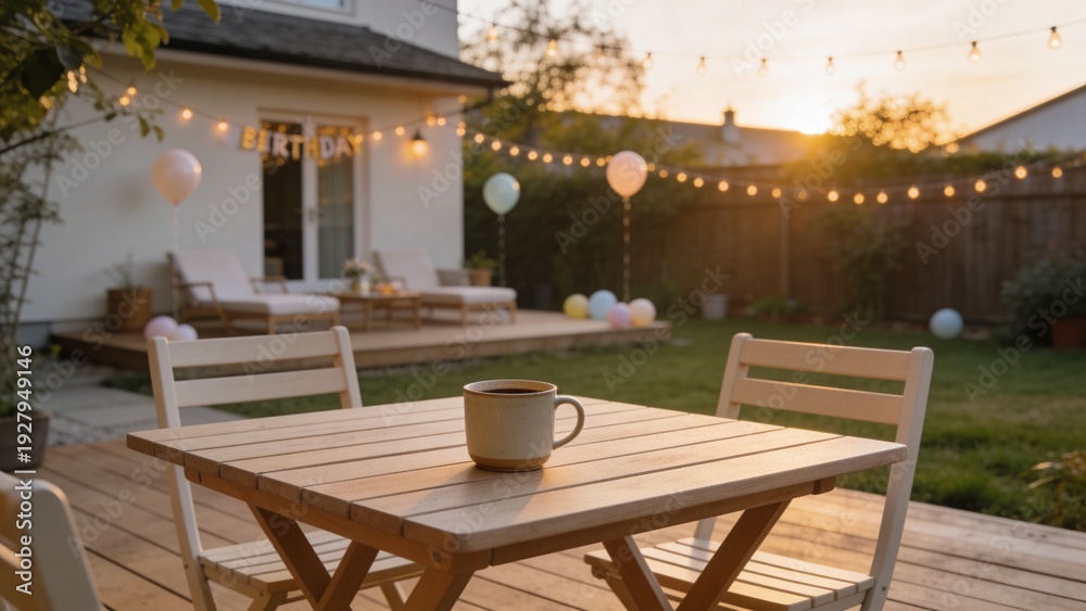 Obraz premium Backyard set up for birthday gathering with wooden patio and coffee cup on table during sunset