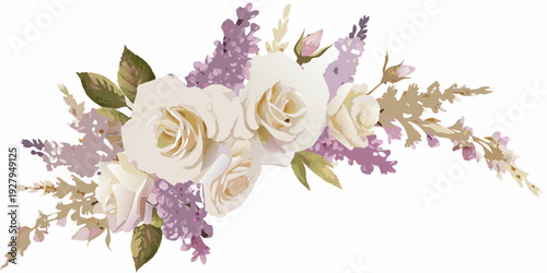 Elegant floral arrangement with white roses lilac and delicate foliage