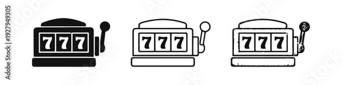Slot Machine Icons Set: Casino Gambling 777 Silhouette, Outline, and Hand-Drawn Styles