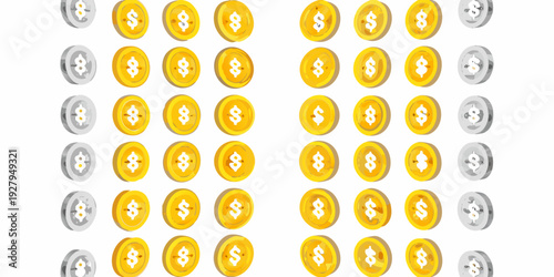 Repeating pattern of golden coins and silver coins on a white background