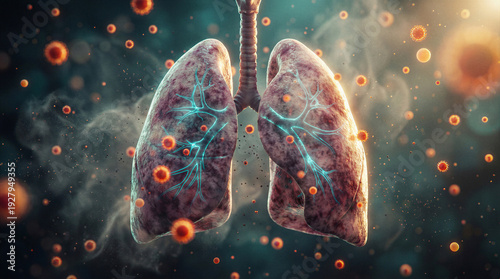 3D illustration of diseased human lungs with floating virus particles, respiratory infection and pneumonia medical concept.