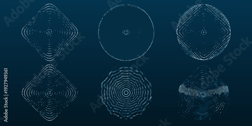 Abstract geometric shapes composed of numerous tiny glowing particles