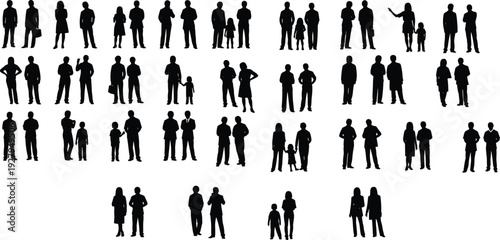 Large collection of black family silhouettes featuring couples parents with children and individuals standing together in various group poses isolated on a white backgroundt