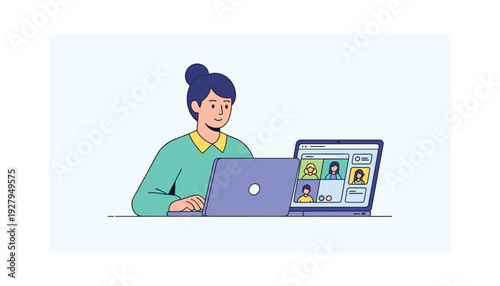 Woman engaged in virtual meeting on laptop with multiple participants