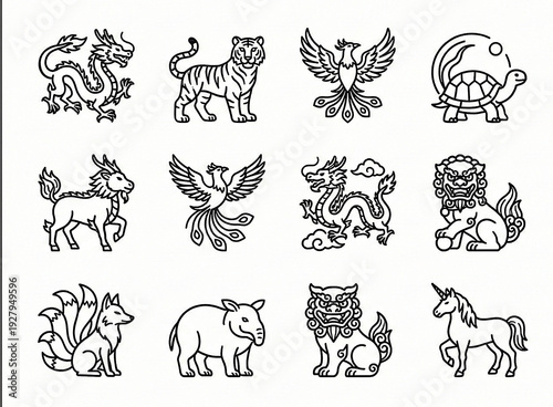 龍や鳳凰、九尾の狐など、東西の幻獣を描いたラインアートアイコンセット Mythical creatures and legendary beasts line art icon set featuring dragon, phoenix, and nine-tailed fox