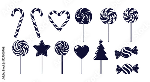 Classic Festive Candy Canes Lollipops Sweets Christmas Holiday Treat Vector Icons