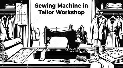 sewing machine in a tailor black aand white workshop producing garments representing craftsmanship clothing production and textile industry