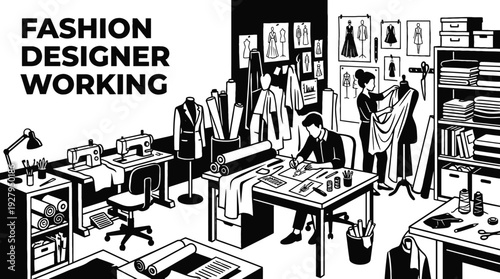 fashion designer working in an atelier studio creating new clothing collection black and white vector representing creativity tailoring and modern fashion industry