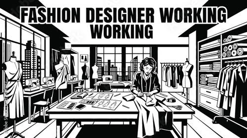 fashion designer working in an atelier studio creating new clothing collection black and white vector representing creativity tailoring and modern fashion industry