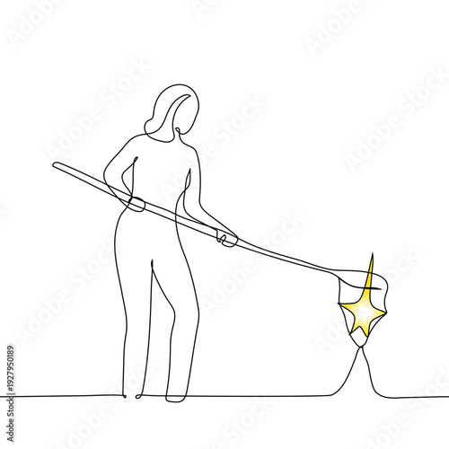 woman using a long-handled net to catch a shining yellow star, representing dreams, hope, and success