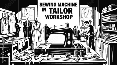 sewing machine in a tailor black aand white workshop producing garments representing craftsmanship clothing production and textile industry