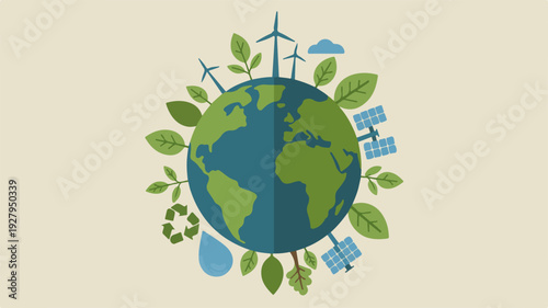 Earth surrounded by eco friendly symbols like leaves solar panels and recycling icons on beige background representing environmental conservation and sustainability