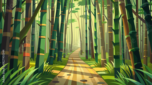 A dense bamboo forest with tall vertical natural lines forming depth open ground pathway leading through greenery soft light atmosphere clean minimal vector illustration flat design