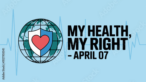 World health day poster with globe shield and heart on light blue background with ecg line