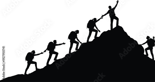 Black silhouettes of hikers climbing a mountain together helping each other to reach the summit representing teamwork leadership success and achievement on white background