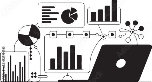 Data Analytics Dashboard with Laptop, Business Charts, Graphs and KPI Visualization,  Minimal Black Vector Illustration