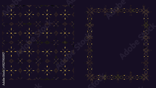 Golden ornamental patterns and a rectangular frame on a dark background