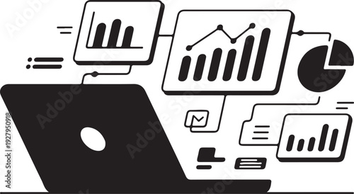 Business Data Analysis with Laptop, Analytics Dashboard, Charts and KPI Reports , Minimal Black Vector Illustration