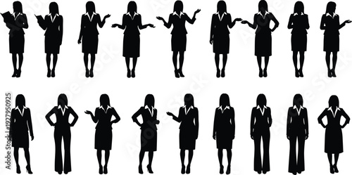 Large set of professional businesswoman silhouettes in formal suits standing in various poses and presentation gestures isolated on a clean white background