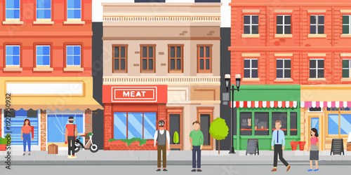 Colorful cartoon street scene depicting storefronts and pedestrian activity