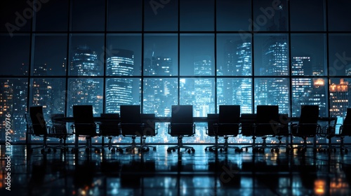 Modern Conference Room with Black Chairs and City Skyline at Night Illuminated by Bright City Lights