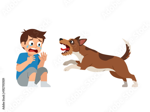 frightened boy barking dog illustration caution intimidation