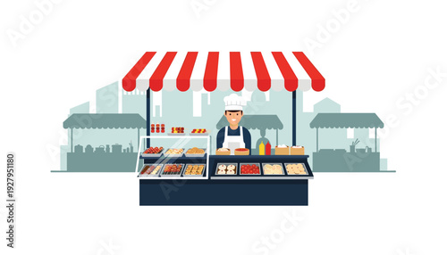 Happy chef serving delicious food at outdoor market stall