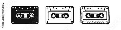 Audio Cassette Tape Icon Set - Solid, Outline, and Hand-Drawn Styles for Retro Music Media