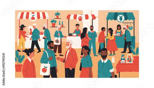 Vibrant market scene with diverse people shopping and socializing outdoors