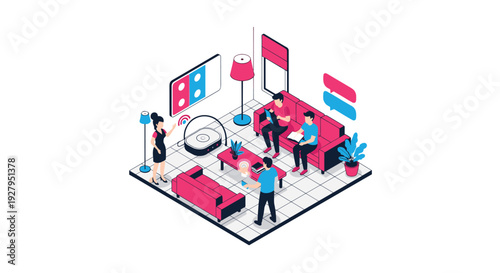 An isometric illustration shows four people in a futuristic living room interacting with smart home technology and personal devices.