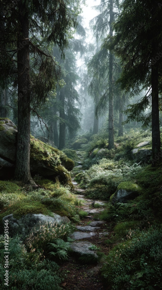 Obraz premium Misty Forest Path - Enchanting Trail Through a Verdant, Moss-Covered Woodland.