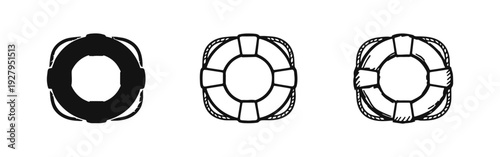 Lifebuoy Icon Set - Solid, Outline, and Hand-Drawn Styles for Safety and Rescue Symbol
