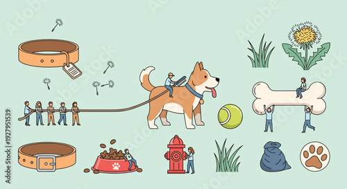 Miniature people take care of a large Corgi dog, walking it on a leash, feeding it, and playing with oversized toys.