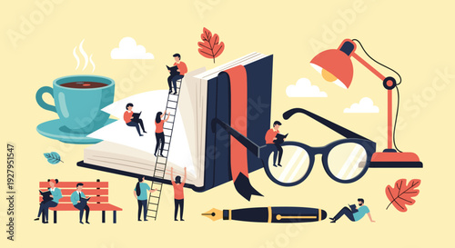 Miniature people read books while climbing on a giant open book, sitting on eyeglasses, and relaxing on a bench.