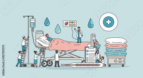 A team of miniature doctors and nurses provides intensive care to a patient lying in a hospital bed with an IV drip.