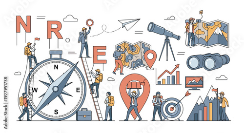 A team of tiny explorers uses a giant compass, maps, and a telescope to navigate and plan a journey in a conceptual illustration about direction, strategy, and exploration.