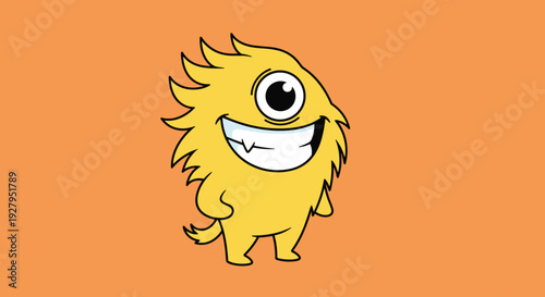Cheerful yellow monster with one large eye and a wide toothy grin stands against a vibrant orange background in a fun illustration.
