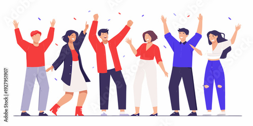 A diverse group of people celebrating with arms raised in joy