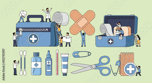Miniature people organize and interact with oversized first-aid kit supplies, including bandages, scissors, and antiseptic.