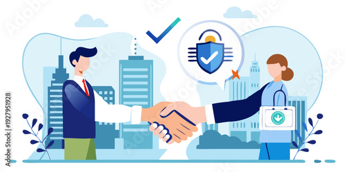 Business partnership agreement symbolized by a handshake and security shield