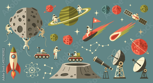 A collection of retro pixelated space exploration icons shows tiny astronauts on planets, asteroids, and comets alongside rockets, satellites, and telescopes on a teal background.