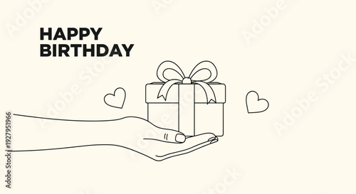 Minimalist line art illustration shows a hand holding a small gift box with a bow below a bold Happy Birthday greeting message.