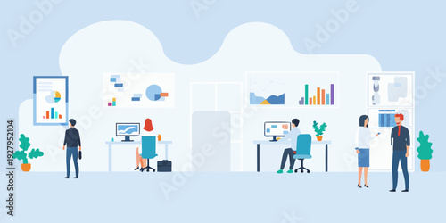 Modern office space featuring employees collaborating and analyzing data