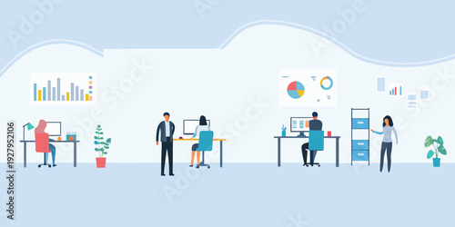 Modern office workspace with employees collaborating and analyzing data