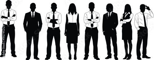 Silhouetted group of diverse professional business people standing in a row wearing formal corporate attire for teamwork leadership and successful career recruitment concept